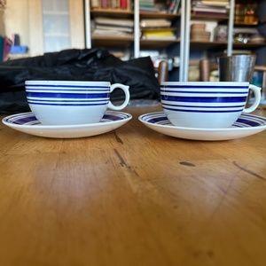 FARMSTEAD TICKING Ralph Lauren, Cups & Saucers, 2 sets, Blue, IRONSTONE